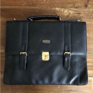 Vintage Porox Leather Briefcase Shoulder Messenger Bag Black with Gold Hardware